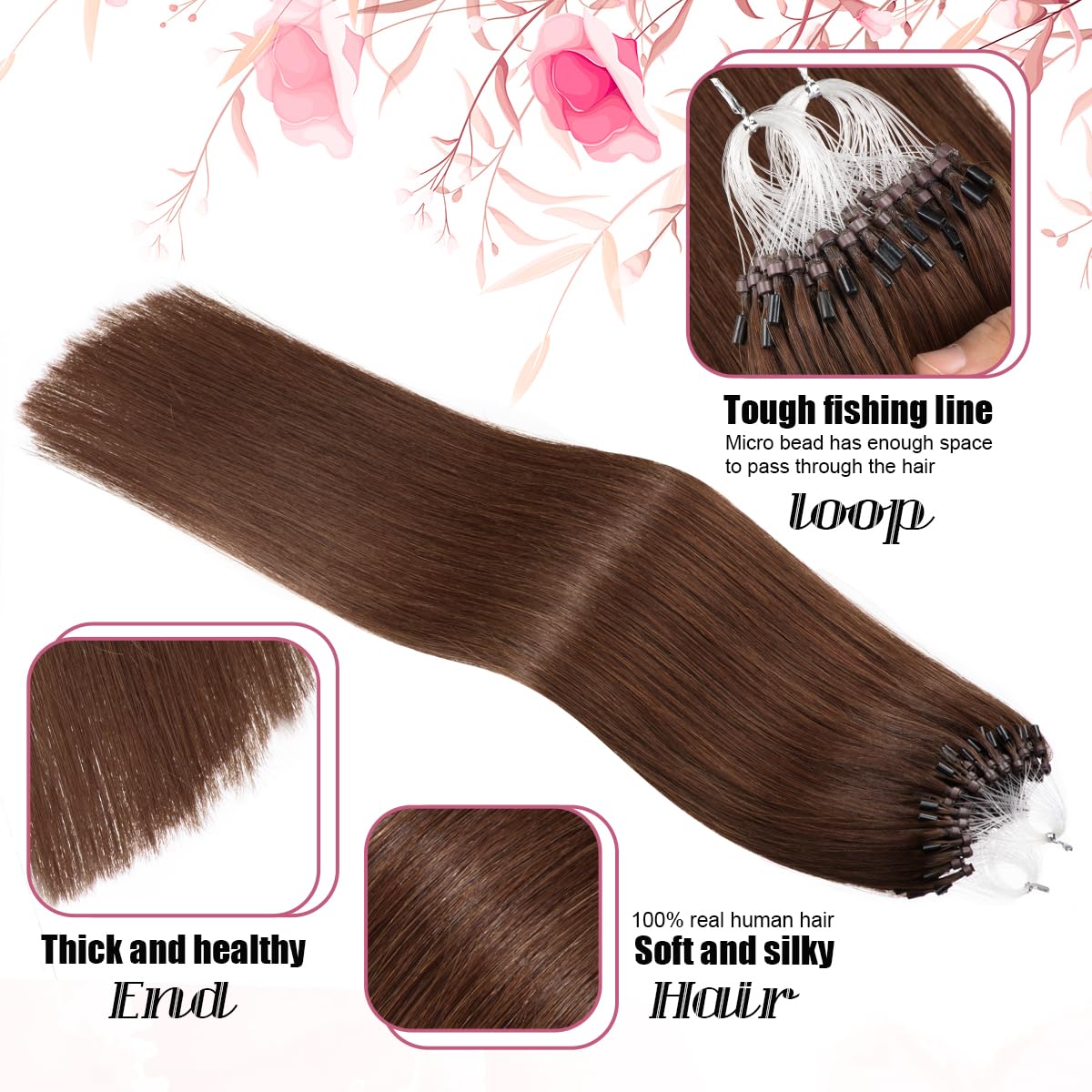 Kpvxxve Micro Beads Real Human Hair Brown Microloop Extensions 24 Inch Long Natural Straight Micro Link Hair Extensions 1g/s 50g