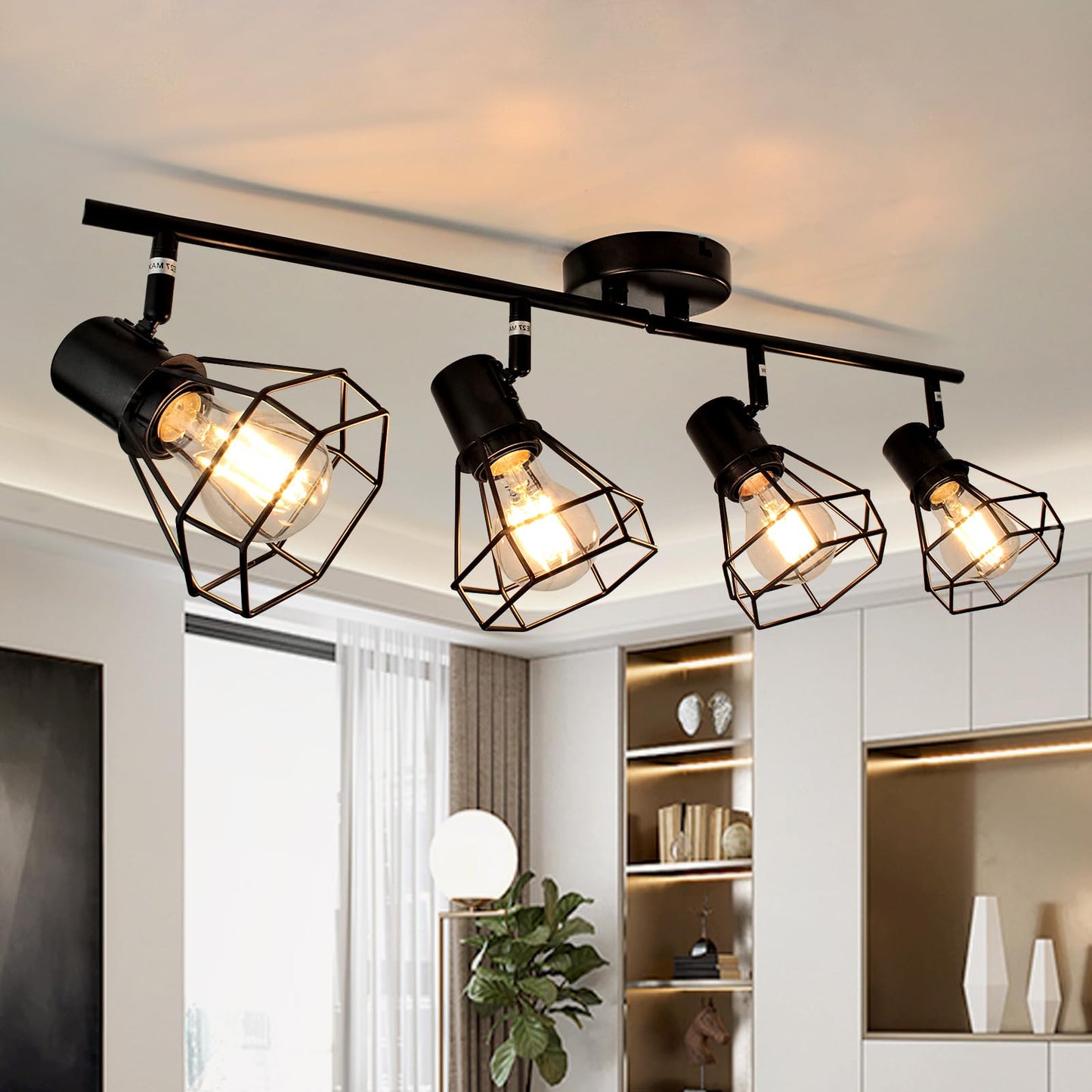 Hibay 4-Light Track Lighting Farmhouse  Industrial Directional Ceiling Track Light Fixtures  Black Geometric Cage Spotlight Indoor For Kitchen  Bedroom  Hallway  E26 Base (Bulbs Not Included)