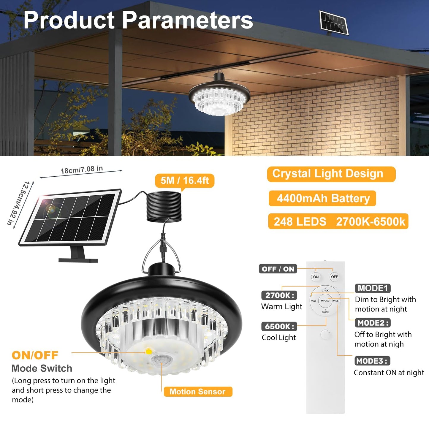 BlueYu Solar Shed Light, 248 LED Motion Sensor, 3 Modes, 2700K-6500K, Waterproof, Remote Control, Black, Model ZH-102