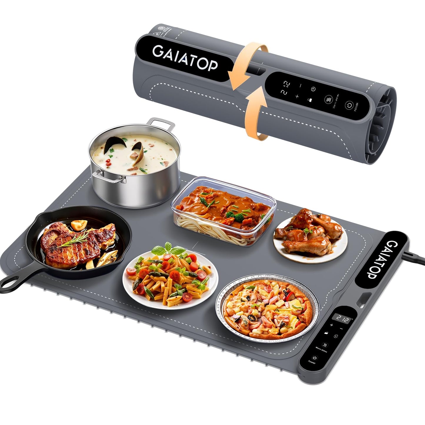 Gaiatop Warming Mat for Food Electric Warming Tray, Fast-Heating Silicone Food Heating Mats for Countertop with 7 Level Temp Adjustable, 8h Timer, Kids Lock, Roll up Heating Tray for Home Travel, Gray