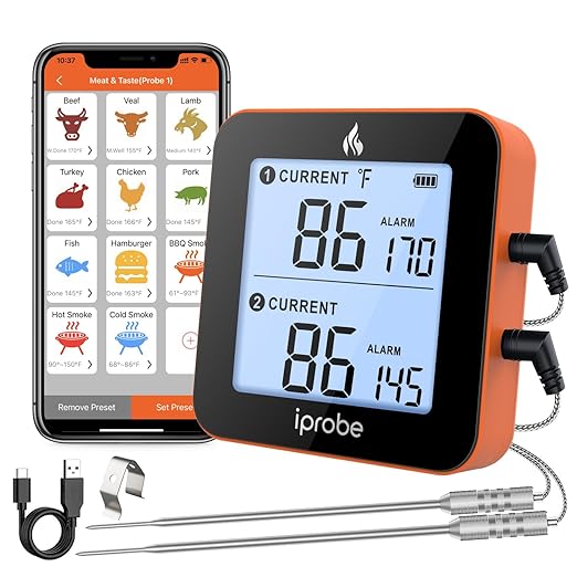 600 ft Range Digital Wireless Meat Thermometer with 2 Probes - Bluetooth & Rechargeable for Grilling Smoker Turkey, Fish, Beef