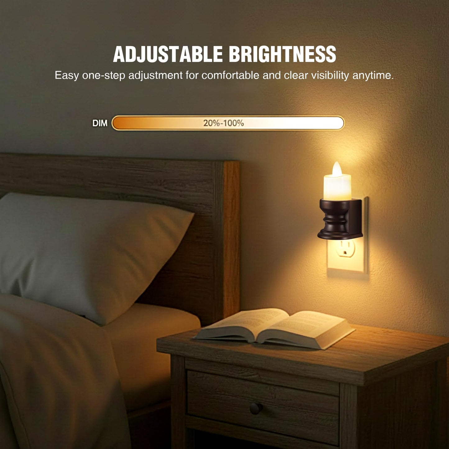 Meonum Flickering Flameless Candle Night Light Plug in, Dimmable LED Nightlight with Dusk to Dawn Sensor, Decorative Candle Light for Bedroom, Hallway, Bathroom(4 Pcs,Warm Yellow & Brown Base)