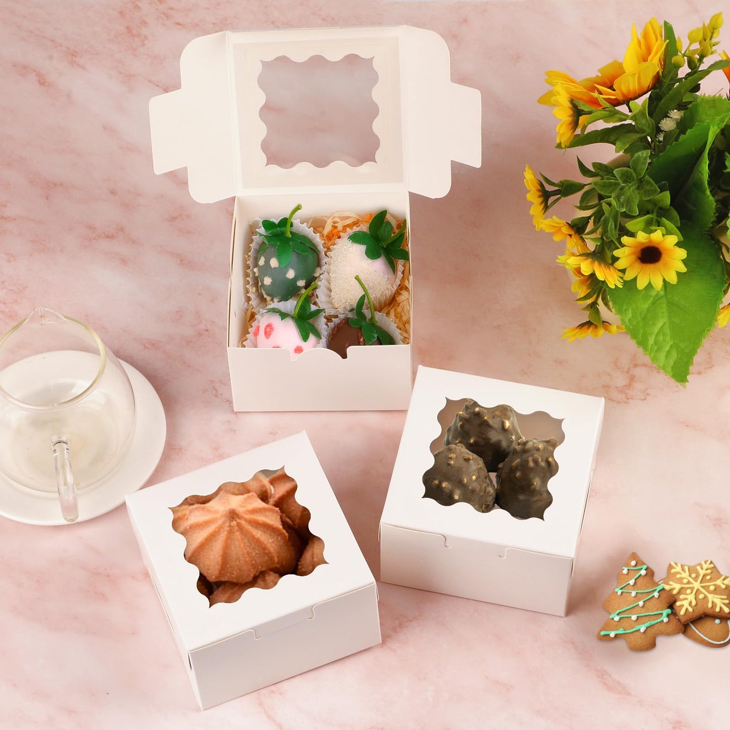 WINKIO 24pcs White Cookie Boxes, 4x4x2.5 Inches Bakery Boxes with Window, for Mini Cake Treat Dessert Pastry Donuts Macaroon Strawberries Chocolate Candy (with Stickers)