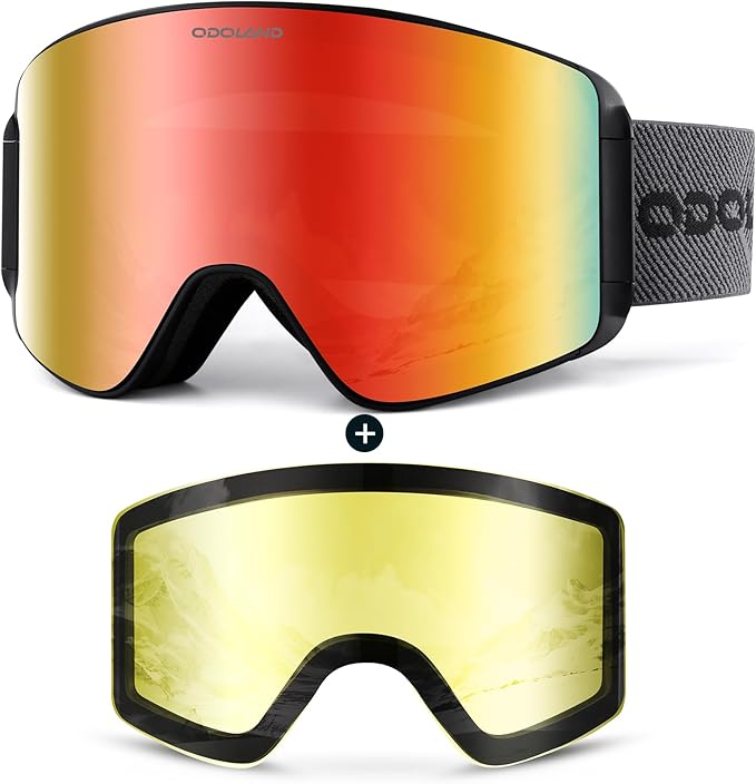Odoland Ski Goggles with Detachable Lens, Frameless Interchangeable Lens Anti-Fog 100% UV Protection Snowboard Snow Goggles