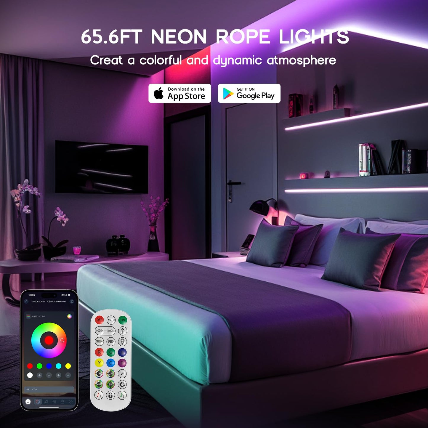 VOEWT LED Neon Rope Lights, IC+RGB, 65.6FT, App/Remote Control, Outdoor IP65 Waterproof, Model D661