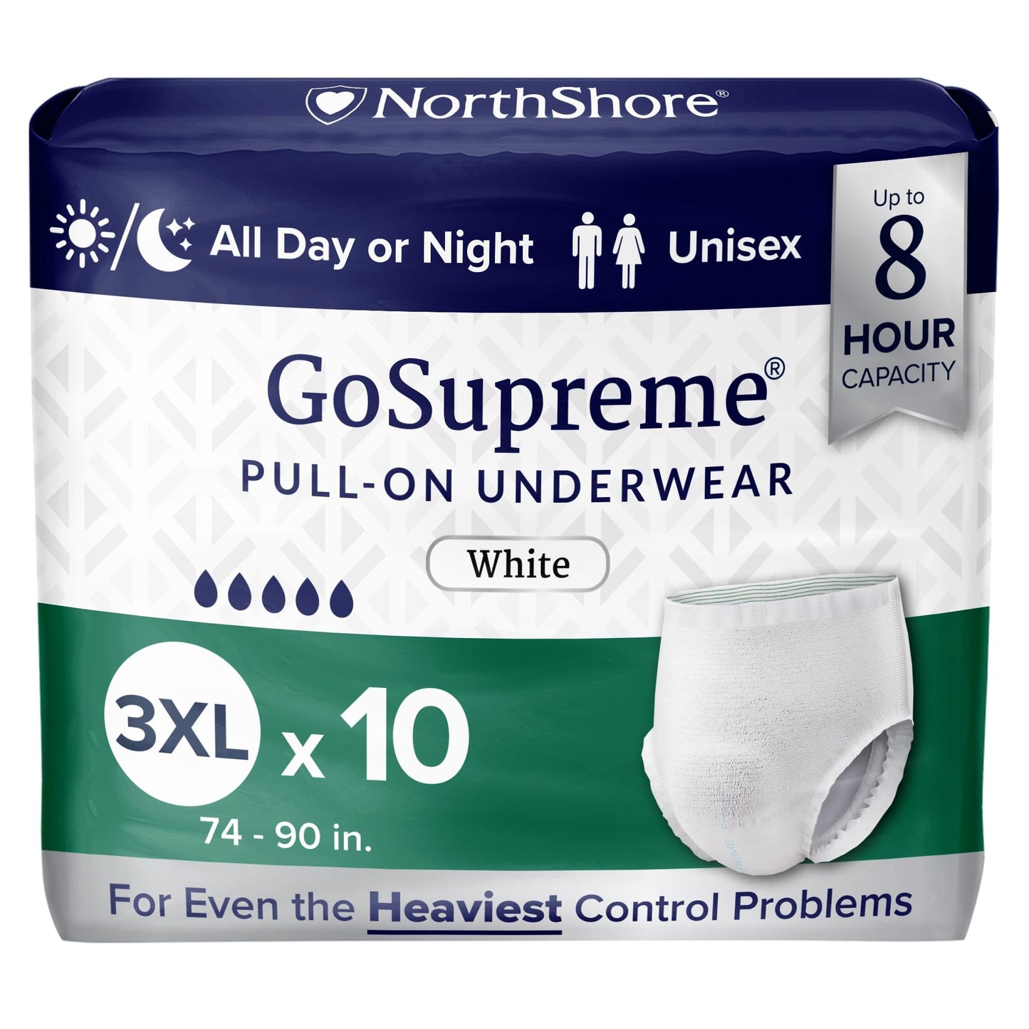 NorthShore GoSupreme Overnight Pull-On Underwear, 8-Hour Leak Protection, 3X-Large, 10-Count Bag, White, (74-90 in Waist), Unisex Adult Diapers