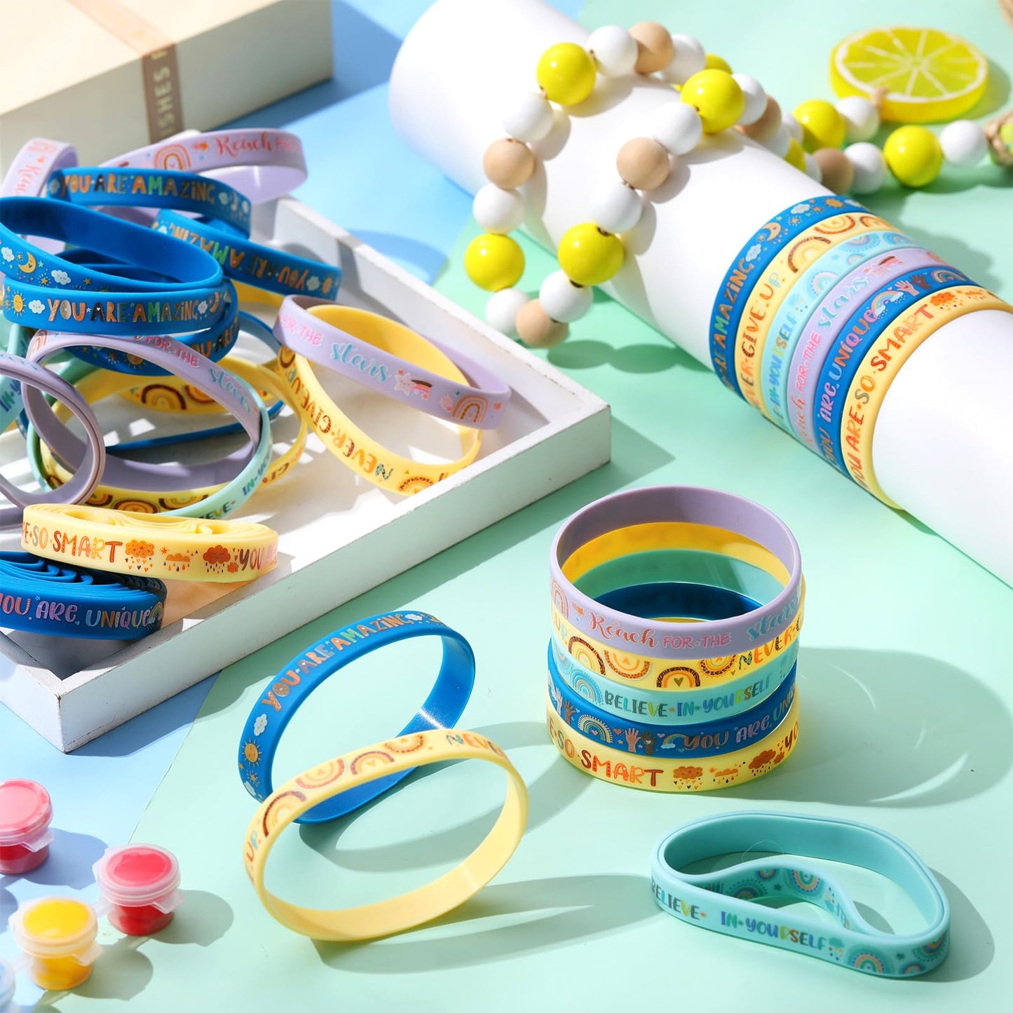 Poen 120 Pcs Motivational Silicone Bracelets Rainbow Inspirational Silicone Boho Wristbands Back to School Gifts for Kids Studen