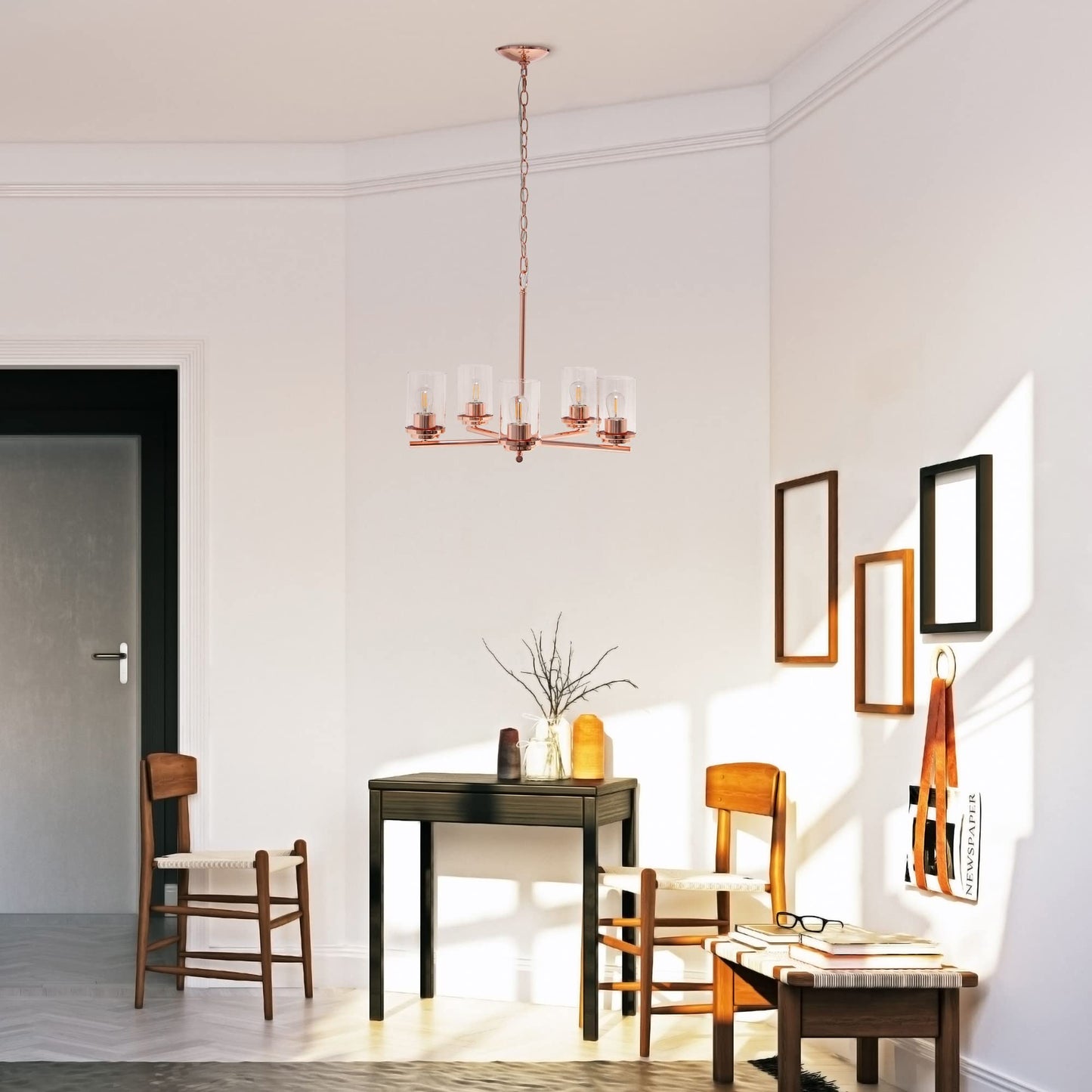 Elegant Designs 5-Light Pendant Chandelier, Rose Gold, Glass, 20.5inx20.5inx64in, Model PT1019-RGD