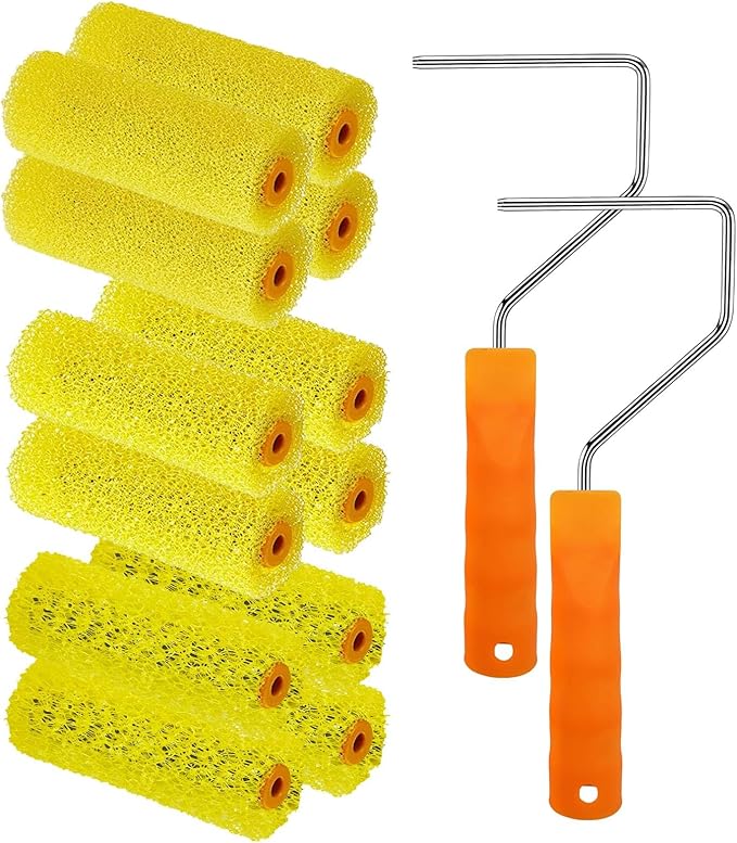 YLTOLOO 12 Pcs Textured Paint Roller Covers with 2 Frames Set, 4 inch 3 Textures Foam Drywall Texture Paint Rollers, House...