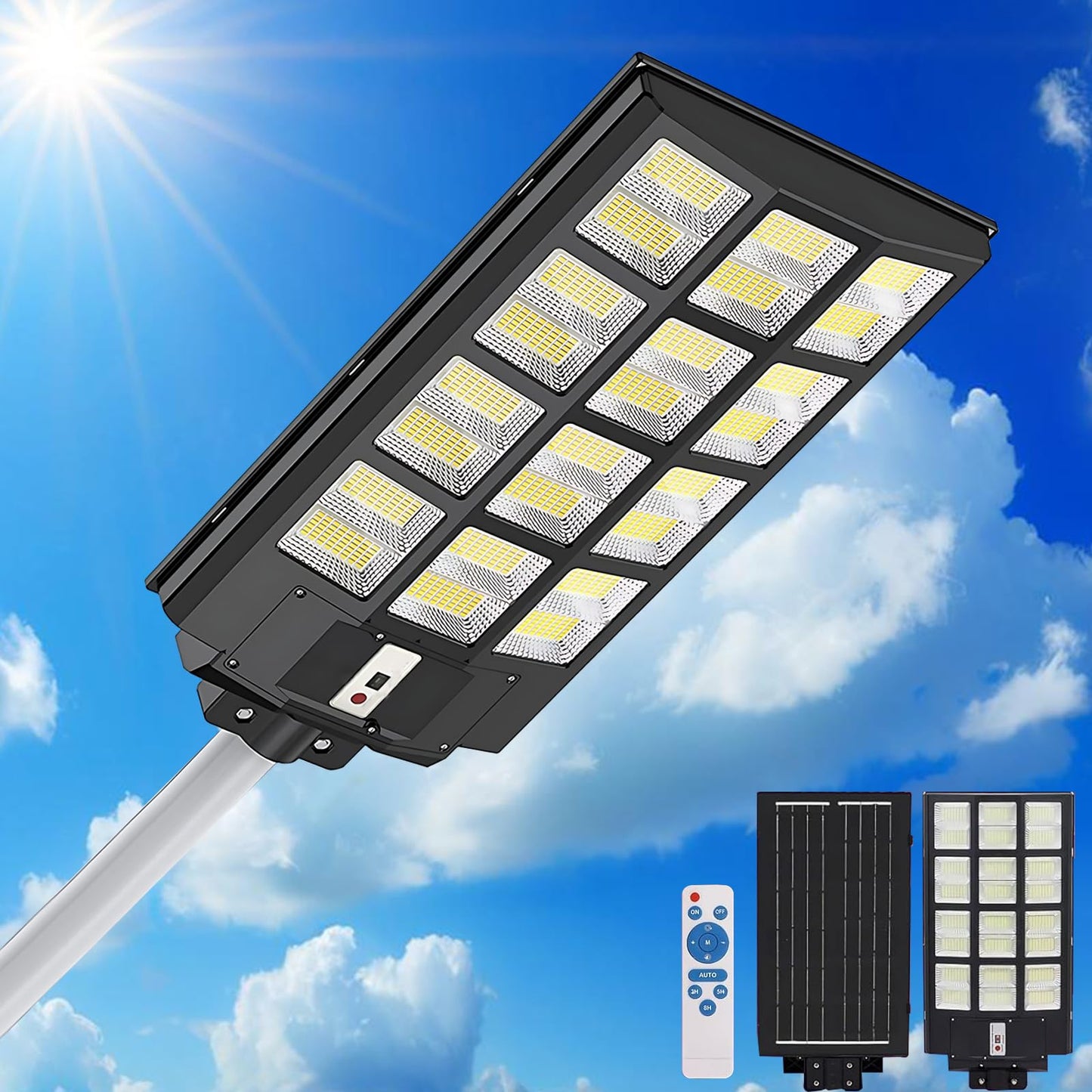 Qoeudd Solar Street Light, 12000W Ip66 Waterproof Flood Light, 600000Lm, Remote Control For Outdoor Courtyard/Garden/Yard