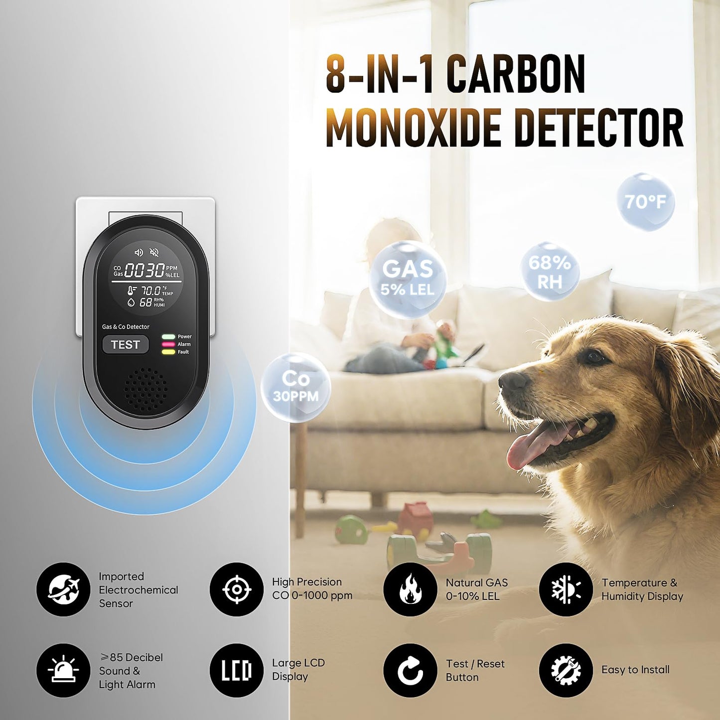 Portable Carbon Monoxide Detector 8-in-1, Carbon Monoxide Detectors Plug-in with HD Screen Natural Gas/Temp/Humidity, CO Monitor Alarm Sound Warning for Travel, Home, RV, Apartment Safety