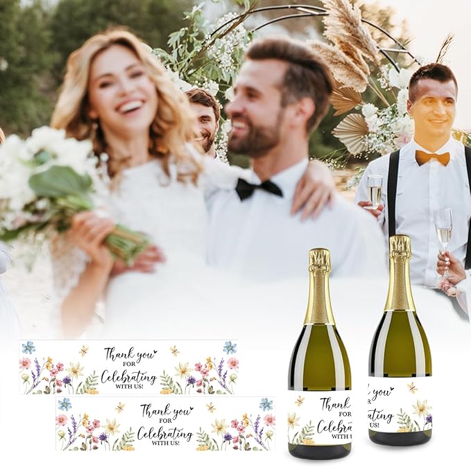 100PCS Wedding Water Bottle Labels Waterproof Greenery Floral Wraps Sticker for Water Bottle Baby Shower Bottle Label for Bridal Shower Party Thanks（Wildflowers）