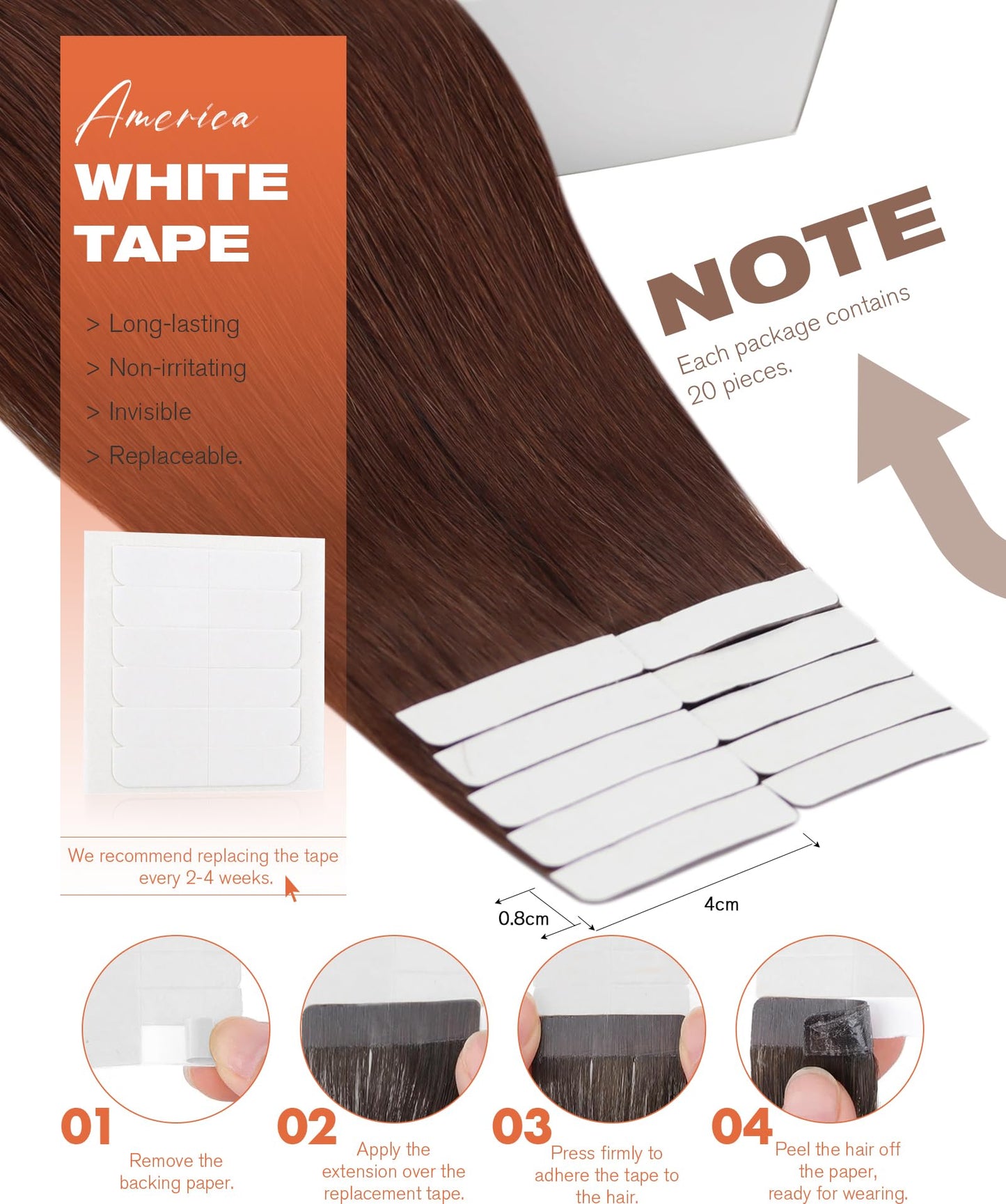 Sunny Hair Tape in Hair Extensions Real Human Hair Invisible Remy Hair Extensions Tape ins for Women Auburn Brown 20 inch 20Pcs