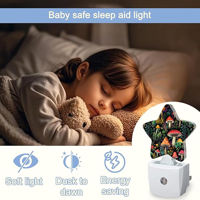 Mushroom Forest Nightlight,Cute Floral Plant Star Night Lights Plug into Wall Decorations for Bedroom Bathroom,Dusk to Dawn Sensor Kitchen Hallway Stairs Energy Efficient Desk Lamp