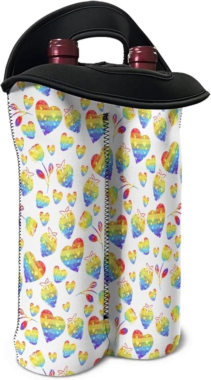 doginthehole 2 Bottle Wine Carrier Gift Bag Colorful Heart Print Neoprene Wine Tote Portable Champagne/Water Bottle/Beer/Drinks Carrying Bag for Travel, Picnic, Party