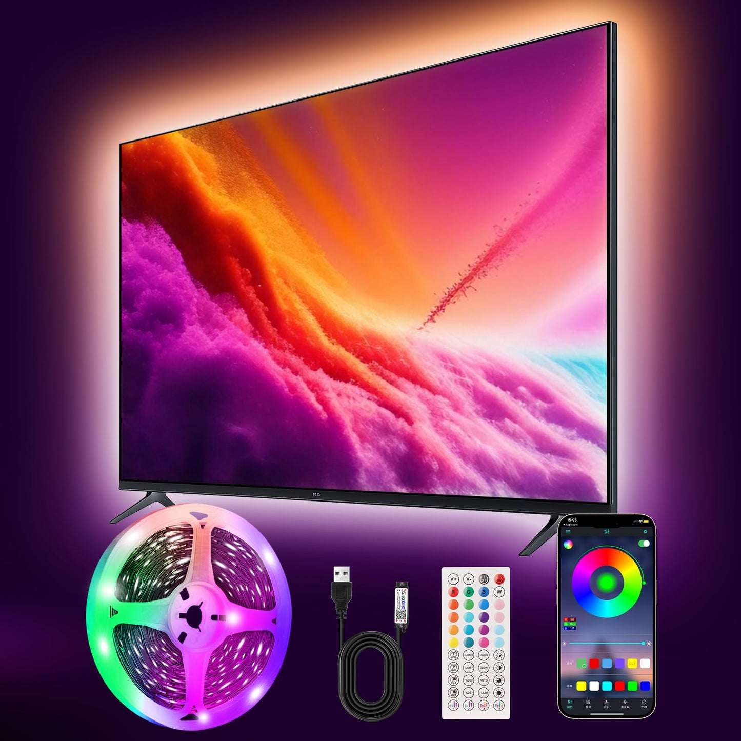 Pstar Led Tv Backlight - 16.4Ft Rgb Strip Lights With Remote & App Control For 45-75 Tvs, Usb Powered, Vinyl Material