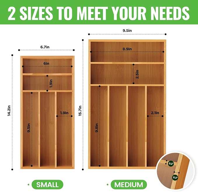 Bamboo Silverware Organizer, Bamboo Kitchen Drawer Cutlery Organizer, Utensil Holder, Flatware Organizer Tray (15.8"x9.5"x1.6")