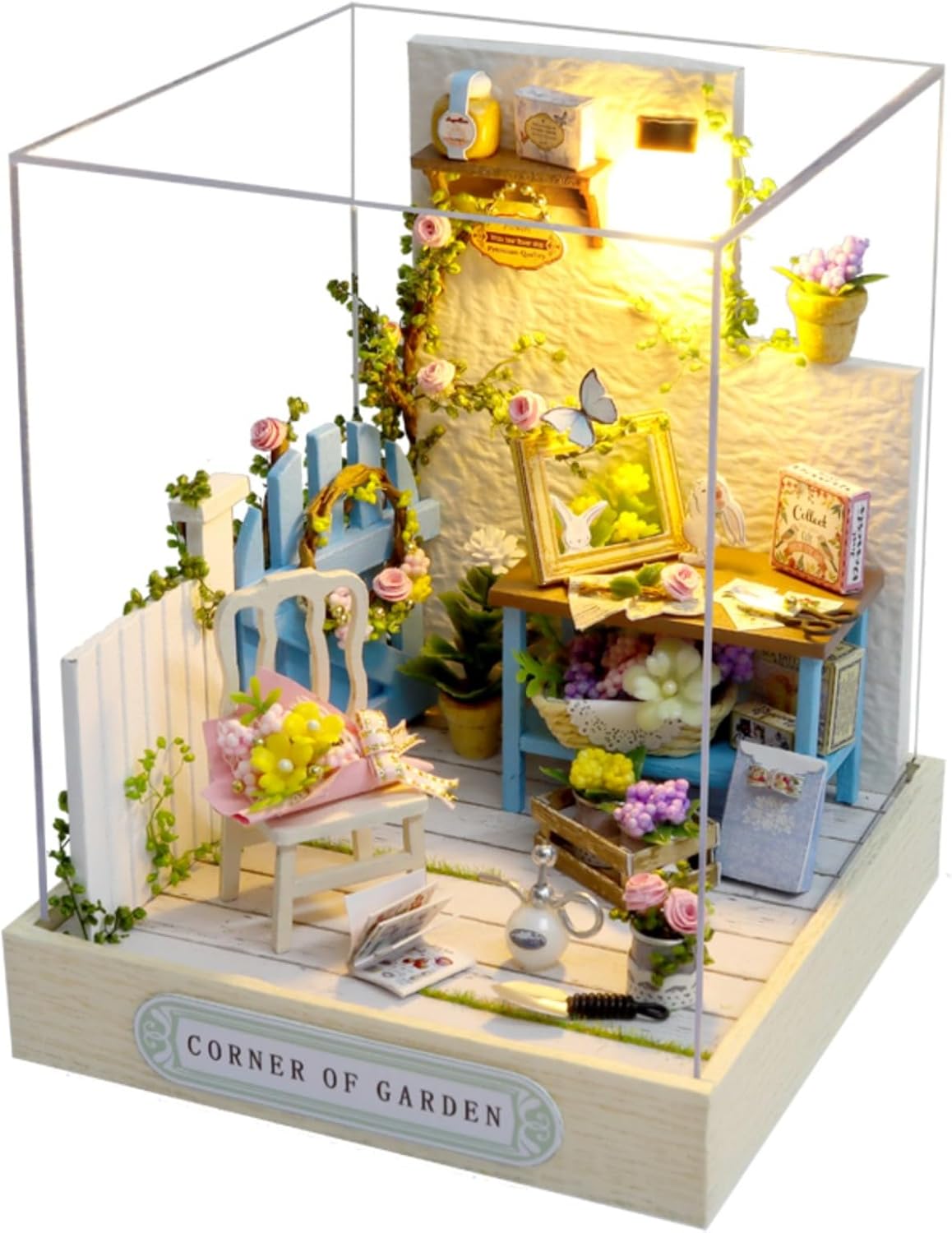 DIY Miniature House Kit, Mini House Building Kit with LED & Dust Cover, DIY Wooden Dollhouse Miniature Kit for Adults Teen, Wooden Crafts Lovely Dollhouse Kit, Corner of Garden
