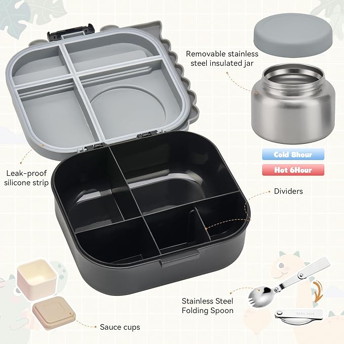 Bento Lunch Box with Thermo, 4-Compartment Bento Box with Adjustable Dividers, Leakproof Dinosaur Lunch Box with 14.2OZ Insulated Food Jar & Sauce Jar, for School Office Travel(Grey)