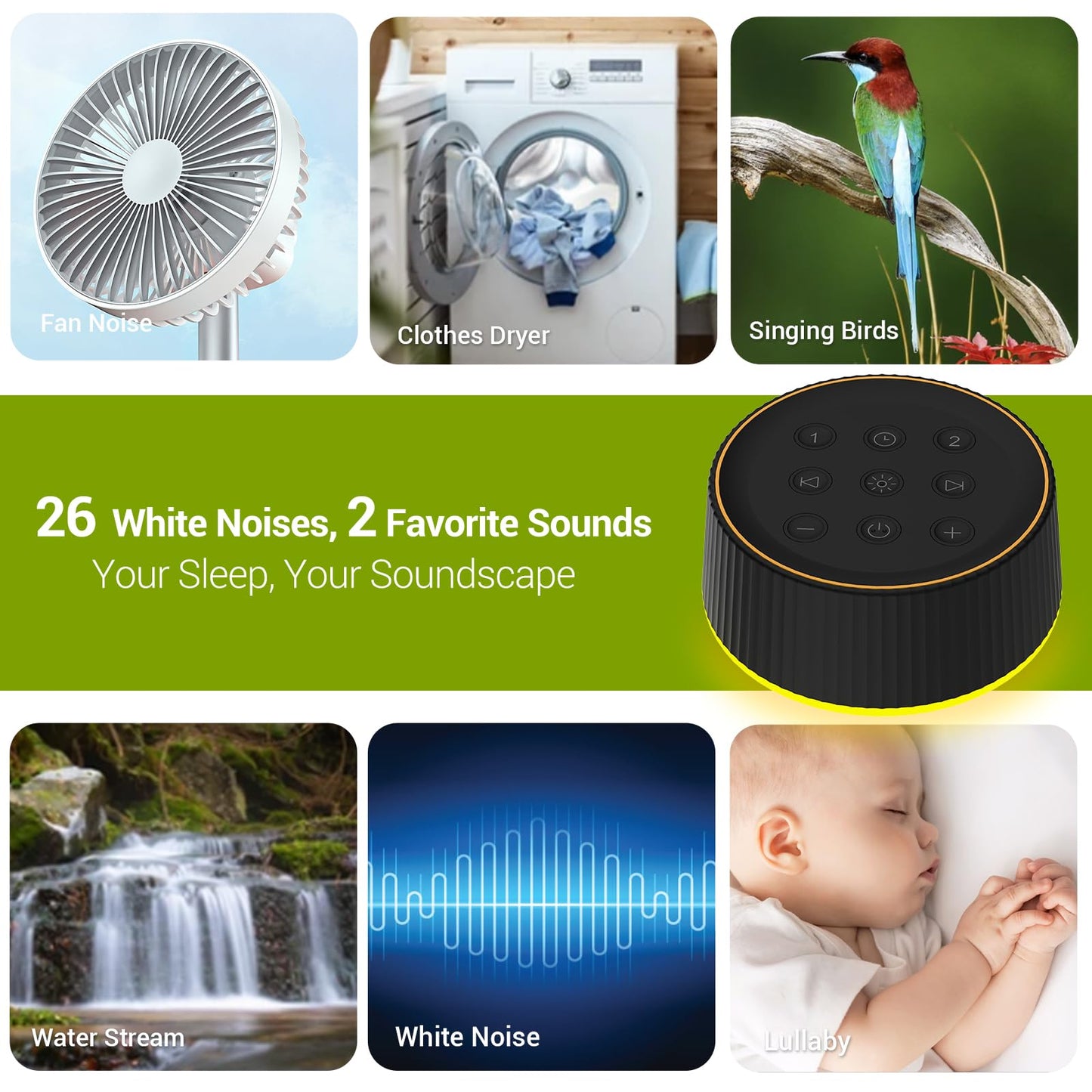 BGOVERSS White Sound Machine with 26 Soothing Sounds, 10 Colors Night Light Noise Machine for Adults Baby Kids, Sleep Machines with 6 Timers Portable Plug for Baby, Adults, Home Office Travel, Black