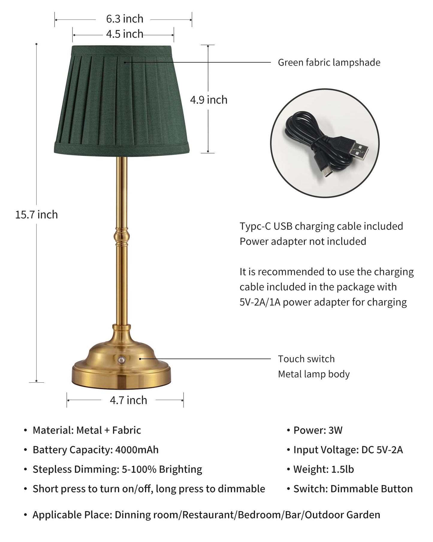 Kdg Cordless Led Table Lamp Set Of 2  Portables Fabric Shade Desk Lamps  4000Mah Rechargeable Battery Powered Lighting  Dimmable Light For Dining Room  Bedroom  Bedside  Night Light  Balcony (Green)