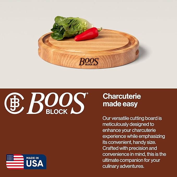 John Boos CB Series Round Wooden Maple Cutting Board 12”x12” – 1.75” Thick, 7-lb Reversible Butcher Block with Juice Groove, Edge-Grain & Finger Grips – Made in the USA