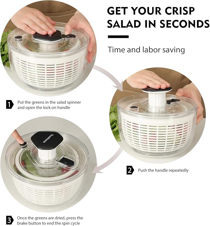 Ourokhome Salad Spinner Lettuce Dryer, One-handed Easy Press Large Vegetable Dryer Salad Mixer with Comfortable and Retractable Pusher and Brake Button for Greens, Herb, Berry, Fruits, 3.8 QT, Black