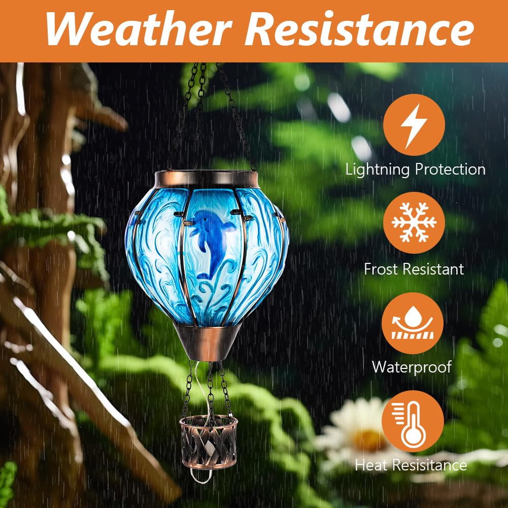 Yelenew Blue Dolphin Hot Air Balloon Solar Lantern With Flame Flickering Light Led Glass Hanging Solar Lanterns Outdoor Waterproof Hot Air Balloon Decor For Patio Yard Garden Mother Day Gift For Women