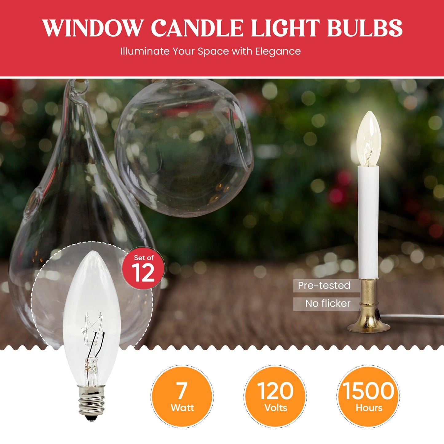 Creative Hobbies® Replacement Light Bulbs for Electric Candle Lamps, Window Candles, & Chandeliers - 7W Candelabra E12 Clear Incandescent C26 Torpedo 120V Steady Burning – 12 Pack