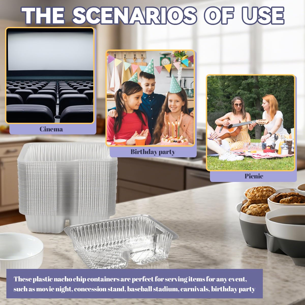 zandfelo 100 Pcs 12oz 6.5''x5'' Plastic Nacho Trays, Small Disposable Tray for Nachos & Cheese Dip, Clear Nacho Containers for Chip, 2 Compartment Movie Night Snack Trays Great for Snacks, Fair Foods
