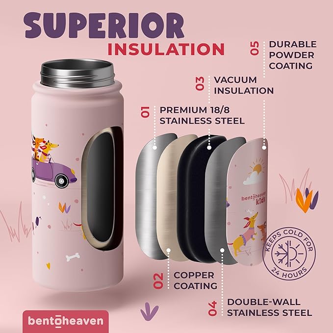 Bentoheaven Kids Water Bottle Stainless Steel for Boys & Girls, 2 Lids (Chug & Straw), Handle & Silicone Boot, Reusable Metal Leak-proof Insulated Tumbler, School & Sports 17oz (Pink)