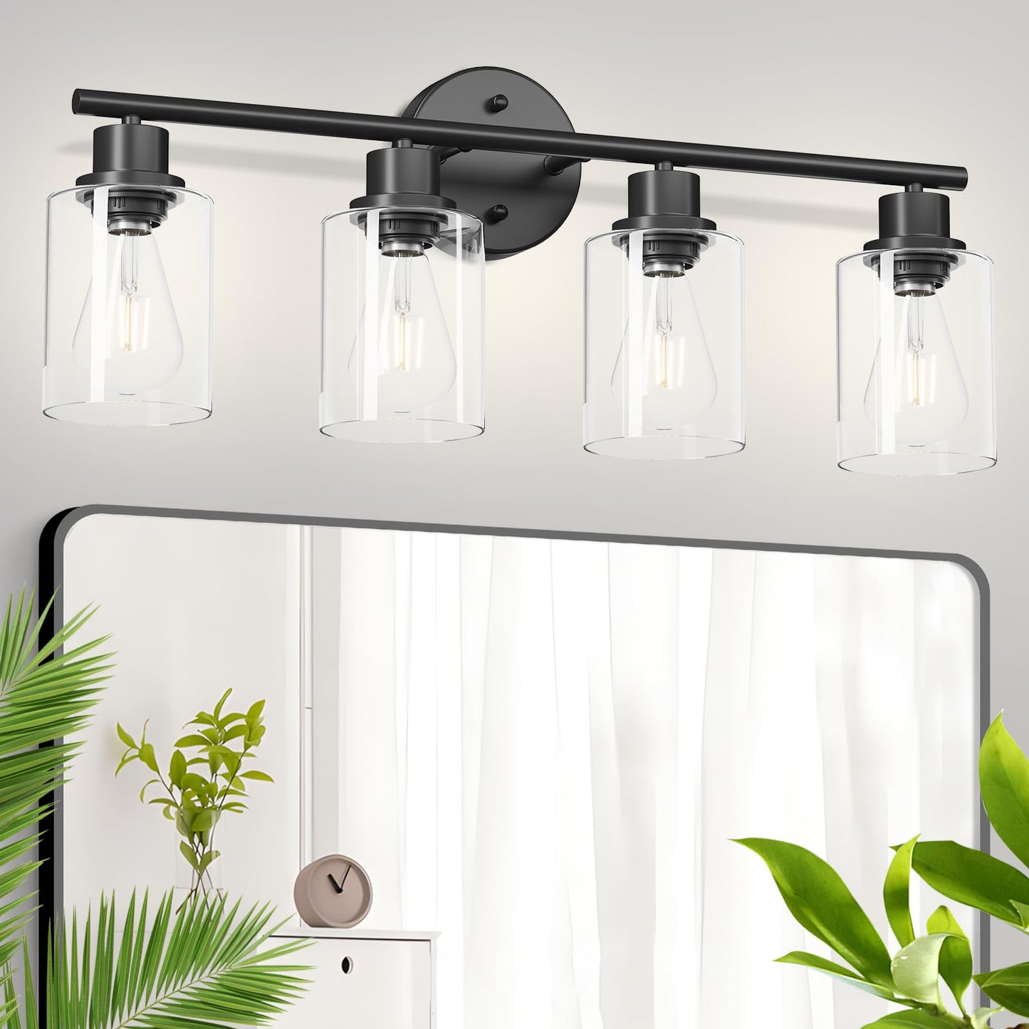 Guliaofo 4-Light Black Bathroom Light Fixtures, E26 Modern Vanity Lights for Bathroom with Clear Glass Shade, Wall Lamps for Mirror Hallway Kitchen Cabinet Living Room Sconces Lights