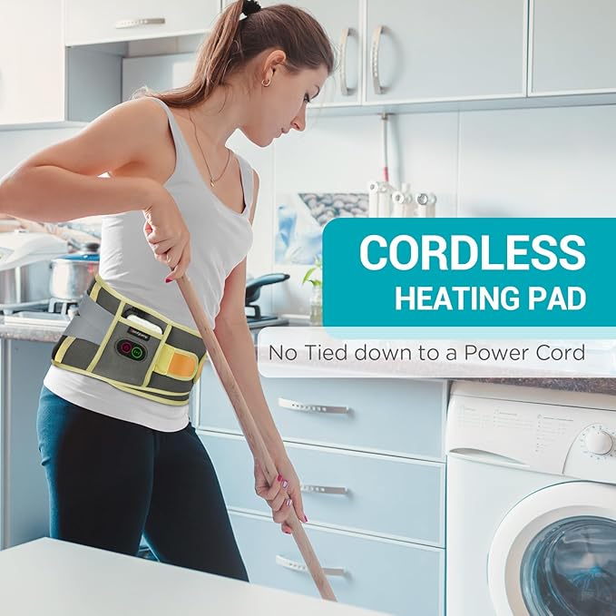 Comfytemp Cordless Heating Pad with Massager for Back Pain Relief, Portable Lower Back Massager, Birthday Gifts for Dad Mom Men Women, 3 Heat Auto-Off 58" Grey Yellow