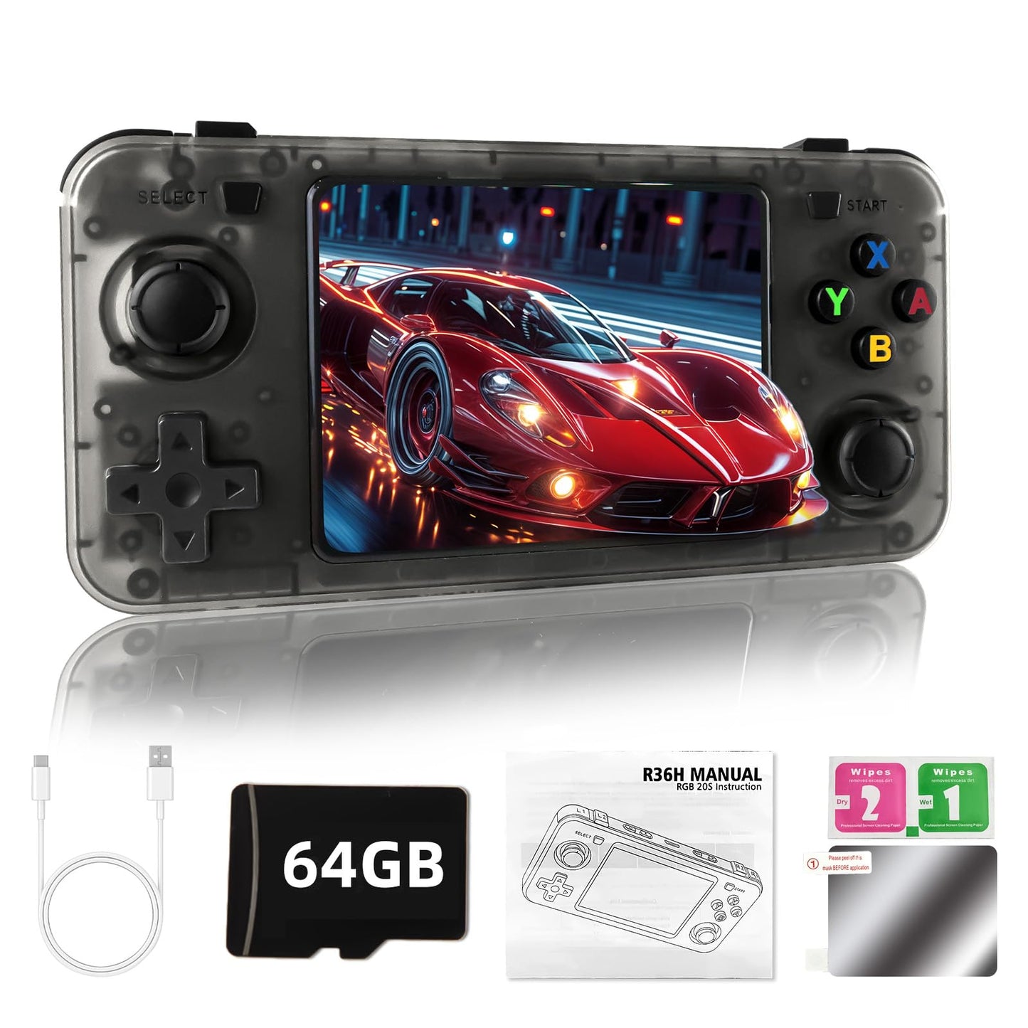 Forlarme R36H Retro Handheld Gaming Console - Equipped with Open Source Linux System,Over 20,000 Classic Games, 64GB TF Card, 3.5 - Inch IPS Screen Portable Handheld Console, Gifts for Adult (Black)