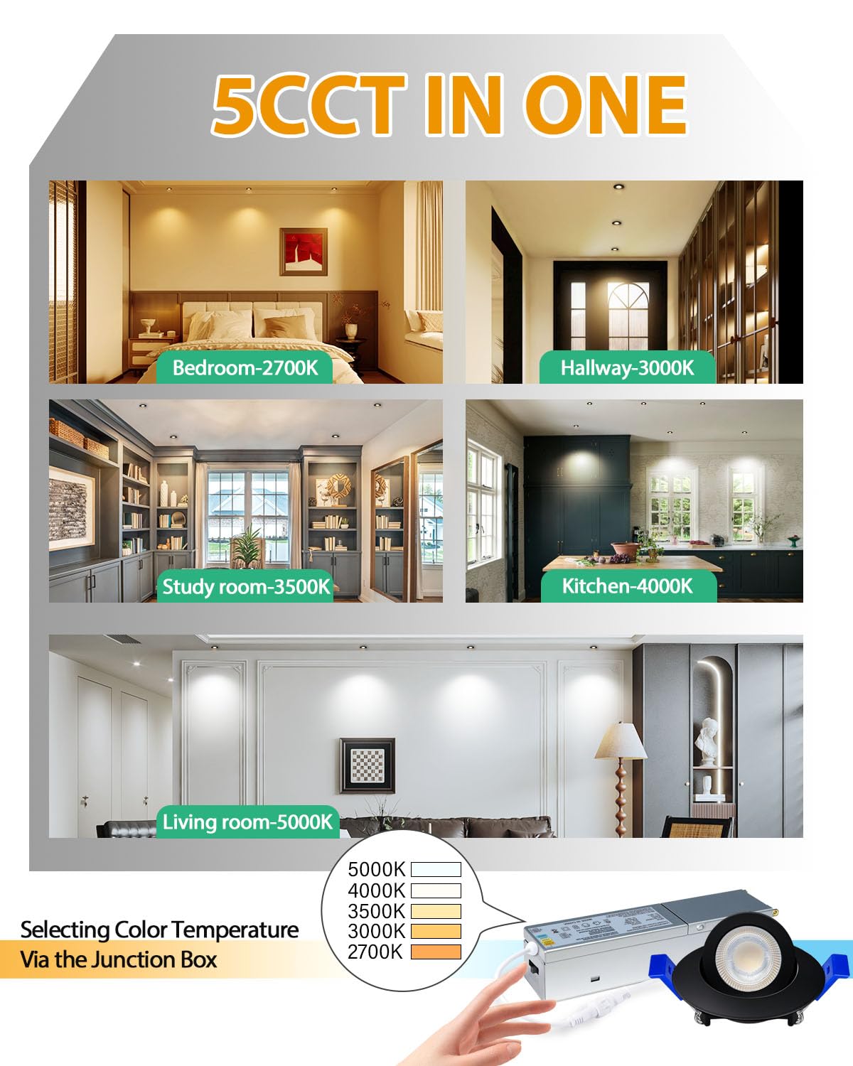 Zouzai 2 Inch 5Cct Gimbal Black Led Recessed Lighting With Junction Box  360+90 Adjustable Led Recessed Lights  2700K/3000K/3500K/4000K/5000K  5W Eqv 50W  550Lm Brightness - Etl (Black  6 Pack)