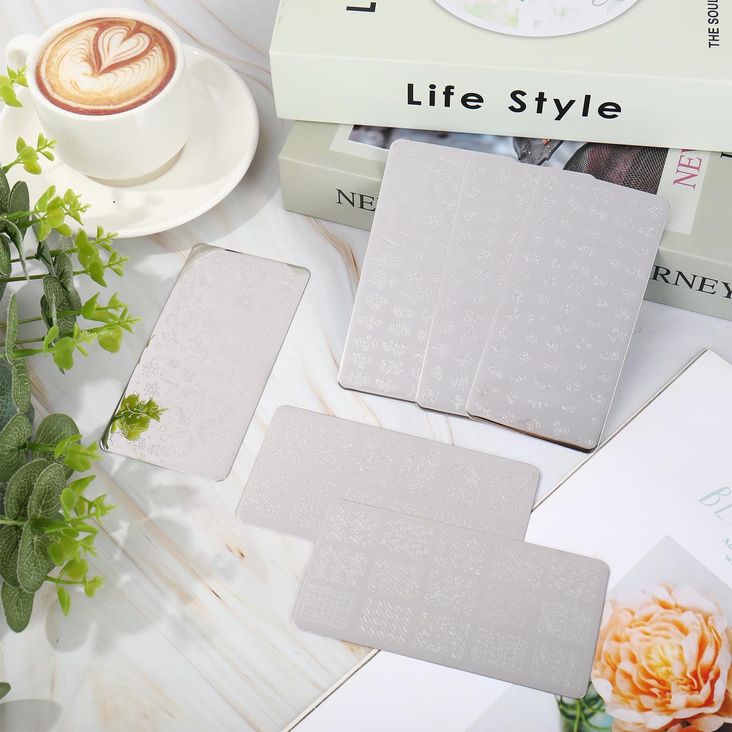 Whaline 6Pcs Spring Summer Floral Nail Plates Stamping Set Flower Leaves Stamp Templates Nail Art Plates for DIY Print Manicure