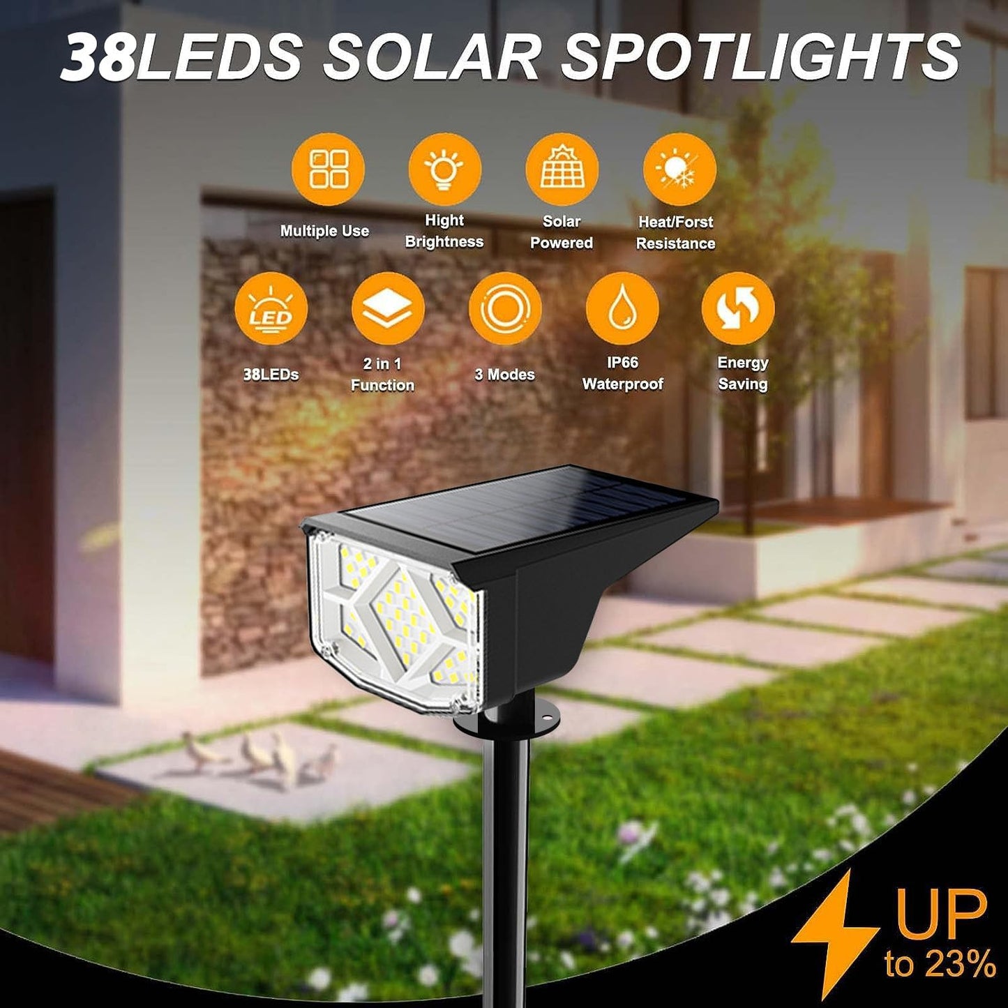 SJUEDENG Solar Spotlight Outdoor, 2 Pack, Cool White, IP66 Weatherproof, 2 Lighting Modes, Model 02, for Garden Pathway and Landscape