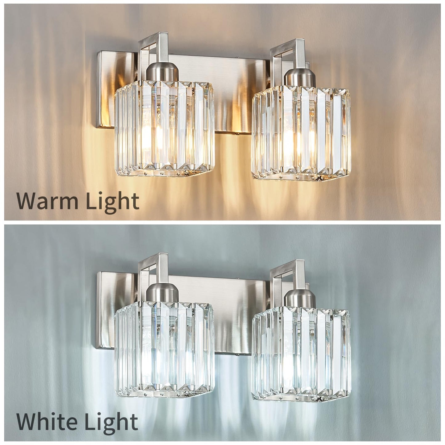 Fdpby Modern Bathroom Vanity Light 2-Lights Brushed Nickel Vanity Light Crystal Wall Light Bathroom Light Fixtures