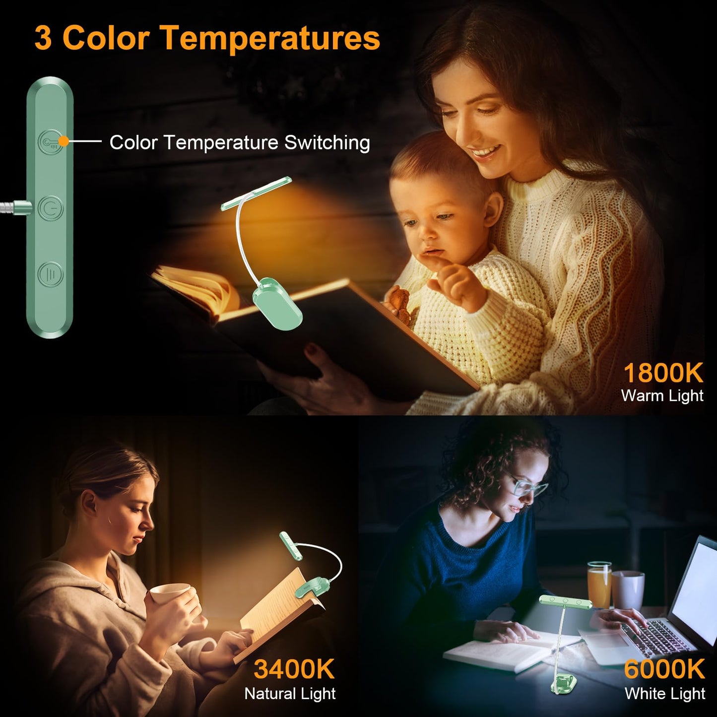 Gritin Rechargeable Book Light with 19 LED, 3 Color Temperatures, 5 Brightness Levels, Flexible Goose Neck, Model G1321, Light Orchid Green