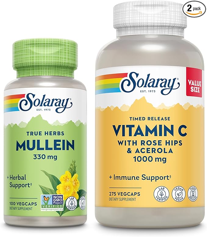 SOLARAY Vitamin C 1000mg and Mullein Leaf Wellness Bundle - Time Release Vitamin C Supplement and Mullein Capsules, Traditionally Used for Wellness Support - Vegan, 60-Day Guarantee, 275/100 VegCaps