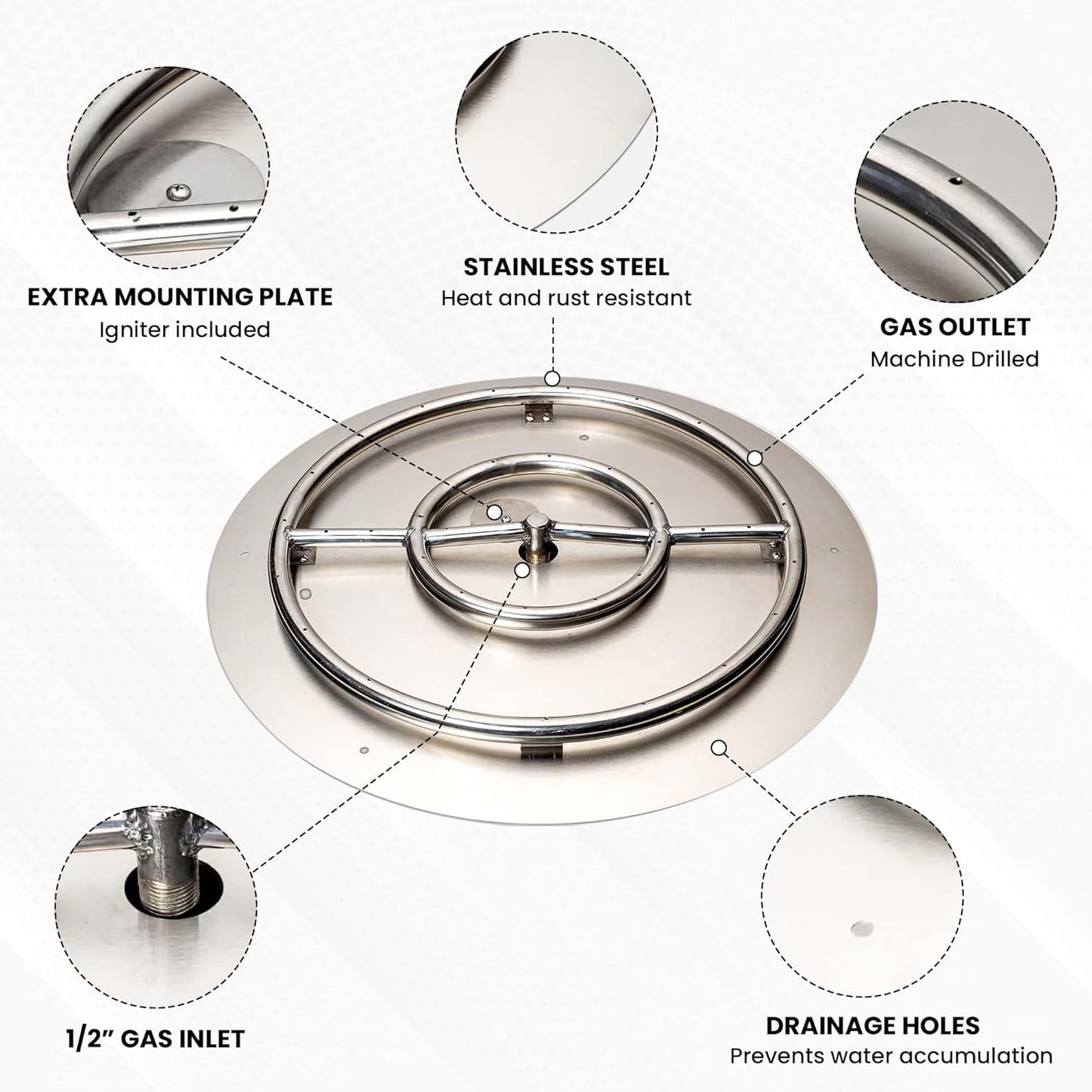 Stainless Steel Fire Pit Burner Pan & Ring Deluxe Kit for Natural Gas, 22-Inch Pan, 18-Inch Ring, 150,000 BTU Max