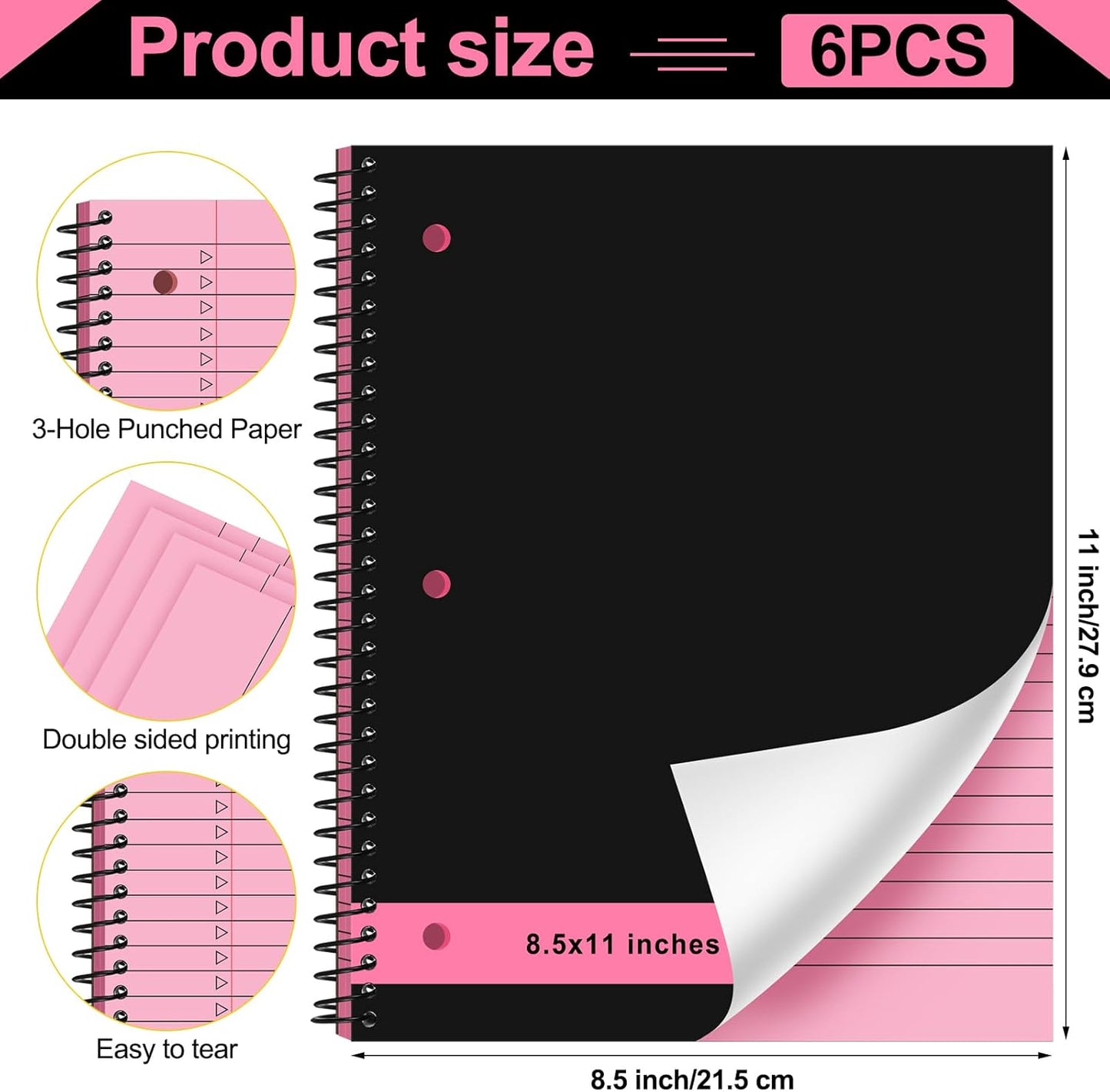 6 Pcs Legal Pad Top Spiral Bound Notebook 70 Sheets Wirebound Notepad Double Sided Ruled Memo Steno Pad with Stiff Back Cover for Business(8.5 x 11 Inches,3 Hole Punch,Bright Colors)