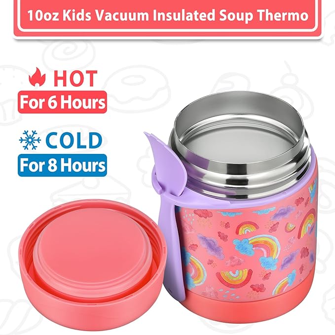 10oz Soup Thermo for Hot Food Kids,Lunch Kids Jar with Spoon Insulated Containers,Leak Proof Stainless Steel Wide Mouth Lunch School(Pink-Rainbow), (thermos-CH)
