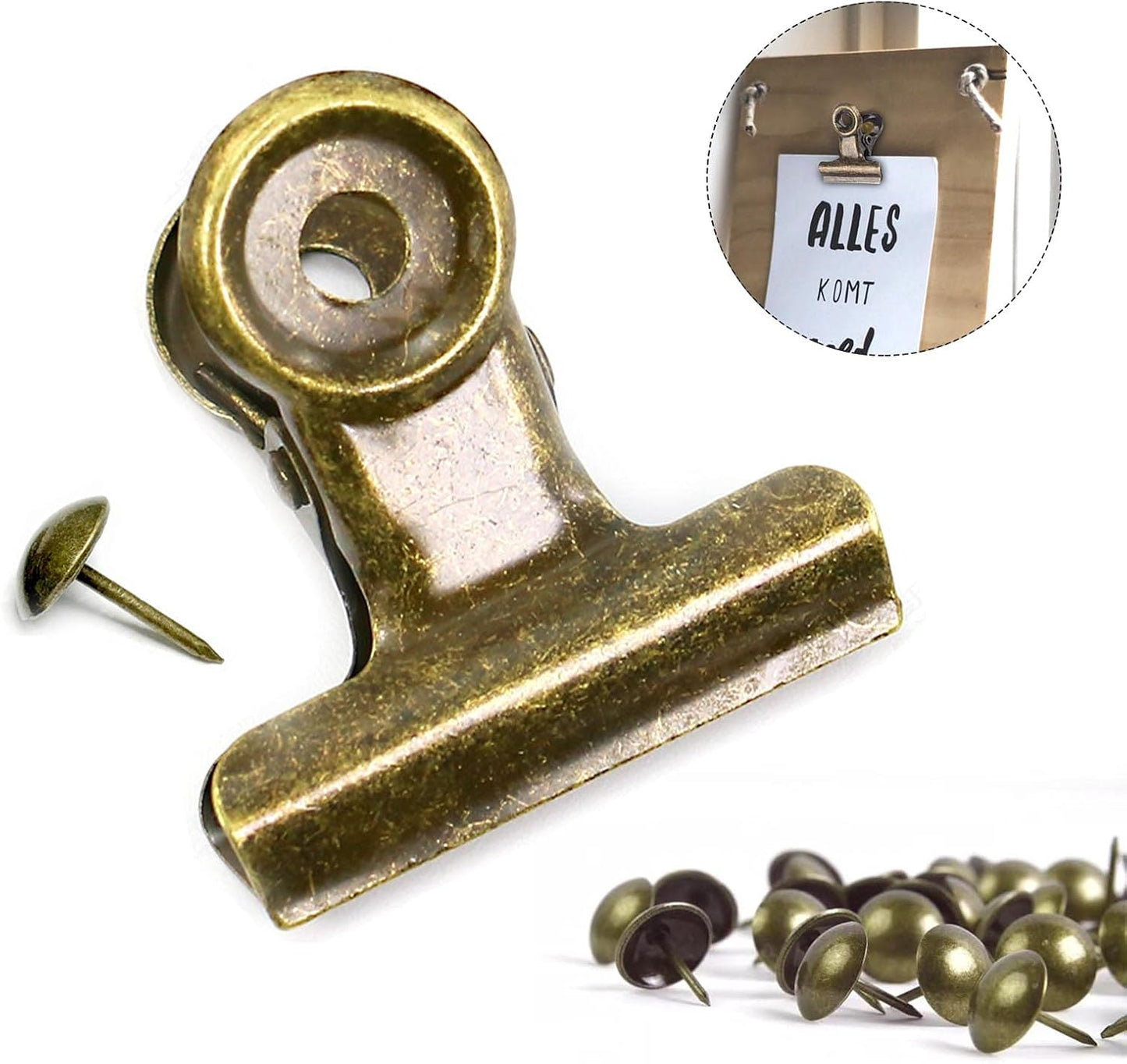 Bulldog Clips with Hole for Push-pin, Paper File Clips with Strong Spring, Small Metal Binder Clips, Seal Clamps for Coffee Tea Food Bags, Decorative Clips for DIY Photo Grid (Bronze, 38 mm)