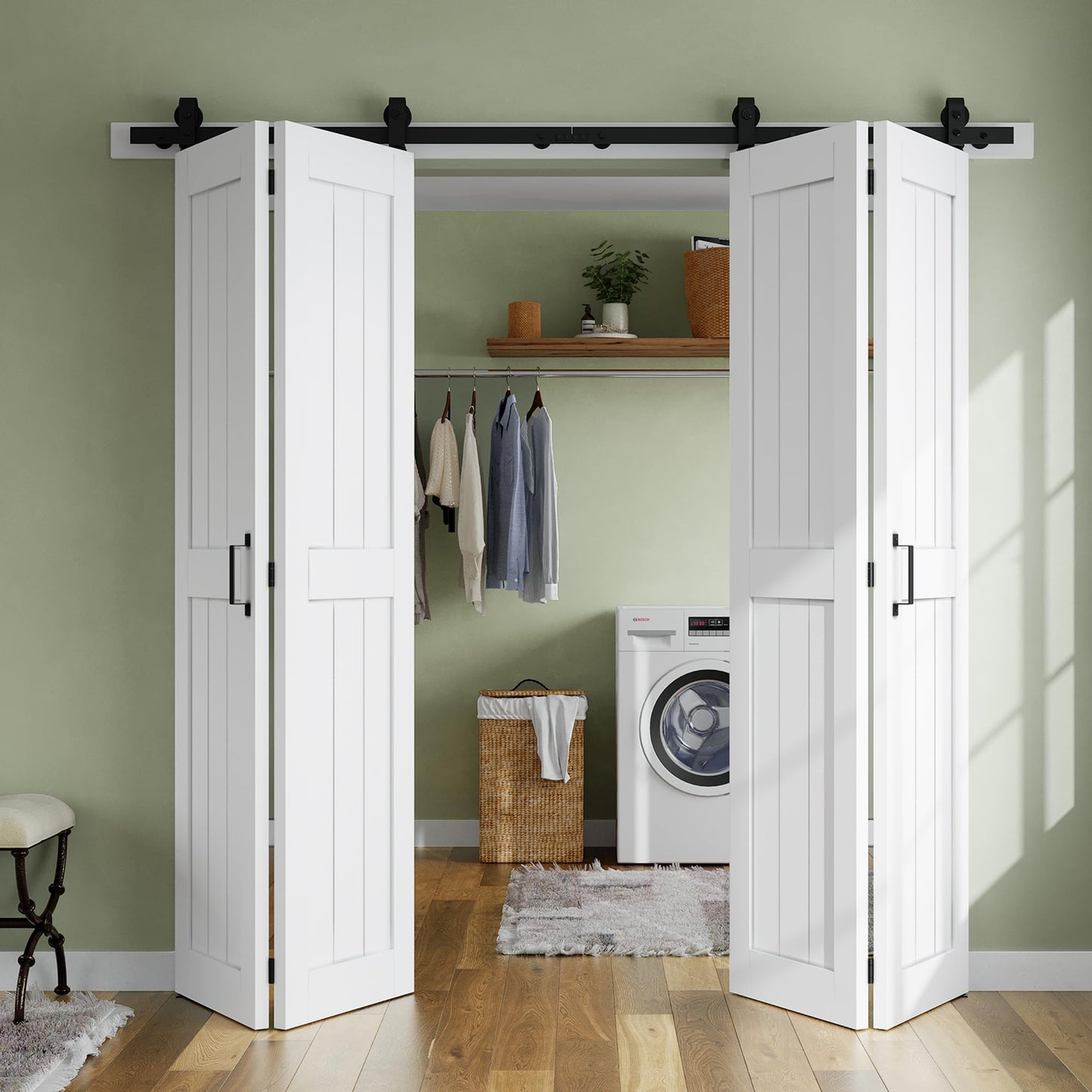 SMARTSTANDARD Bifold Barn Door 48'' x 84'',Bi-Fold Sliding Closet Doors with Hardware Kit Included,56'' Track Kit for 4 Doors,Waterproof & Quiet,Pre-Drilled Holes Easy Assembly,White