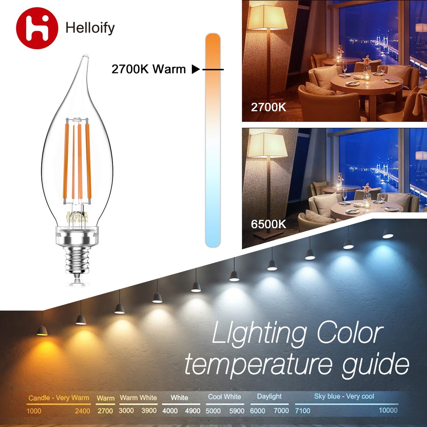 Helloify Vintage Led Edison Bulbs, 5.5W Dimmable, 2700K Soft White, E12 Base, 6 Pack, Clear Glass, 500Lm, Model Ba