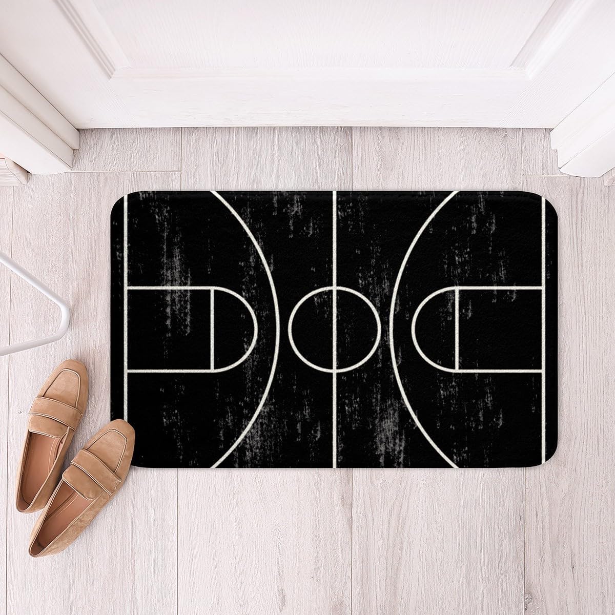 Feelyou Basketball Polyester Bath Rug Black White Soft Fleece Door Carpet for Kids Boys Girls Basketball Court Print Non Slip Bath Mat Ball Game Bathroom Floor Indoor Doormat,16x24 Inch