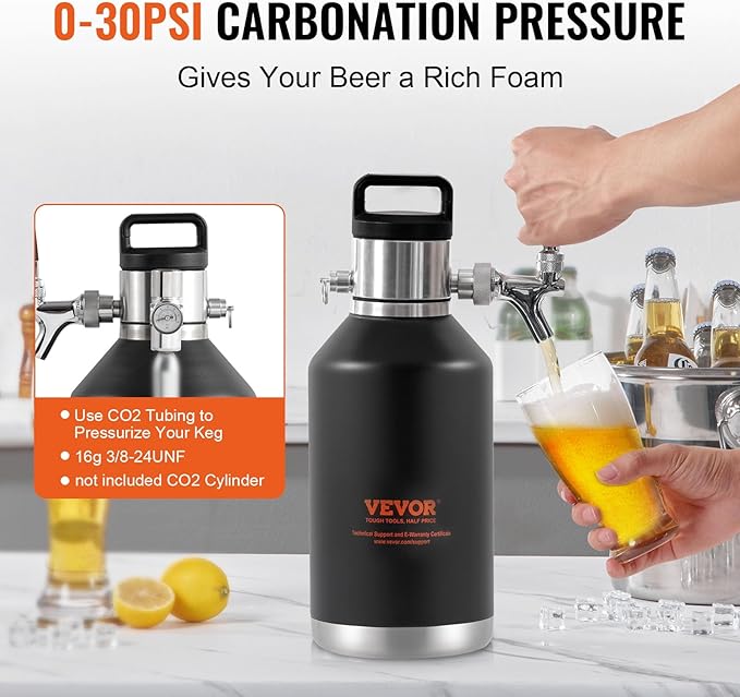 Beer Growler Tap System, 128Oz 4L Mini Keg, 304 Stainless Steel Pressurized Beer Growler, Keg Growler with Pressure Display, CO2 Regulator Faucet, Leak-Proof Ring For Draft, Homebrew, Craft Beer