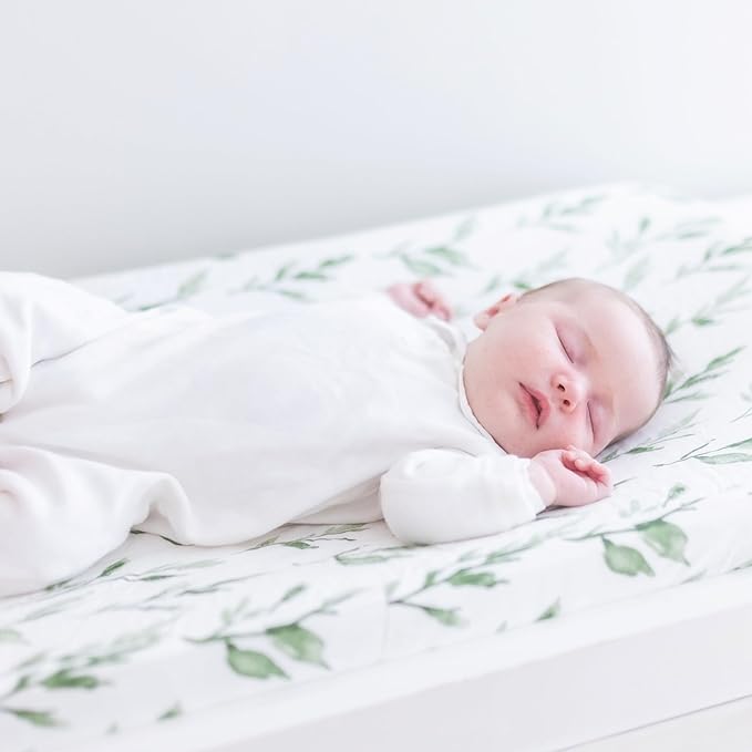 Crane Baby Green Leaf, Quilted Changing Pad Cover, 100% Cotton Sateen, 16in X 32in, Fitted with Elastic, Soft, Machine Washable, Neutral Nursery Essential