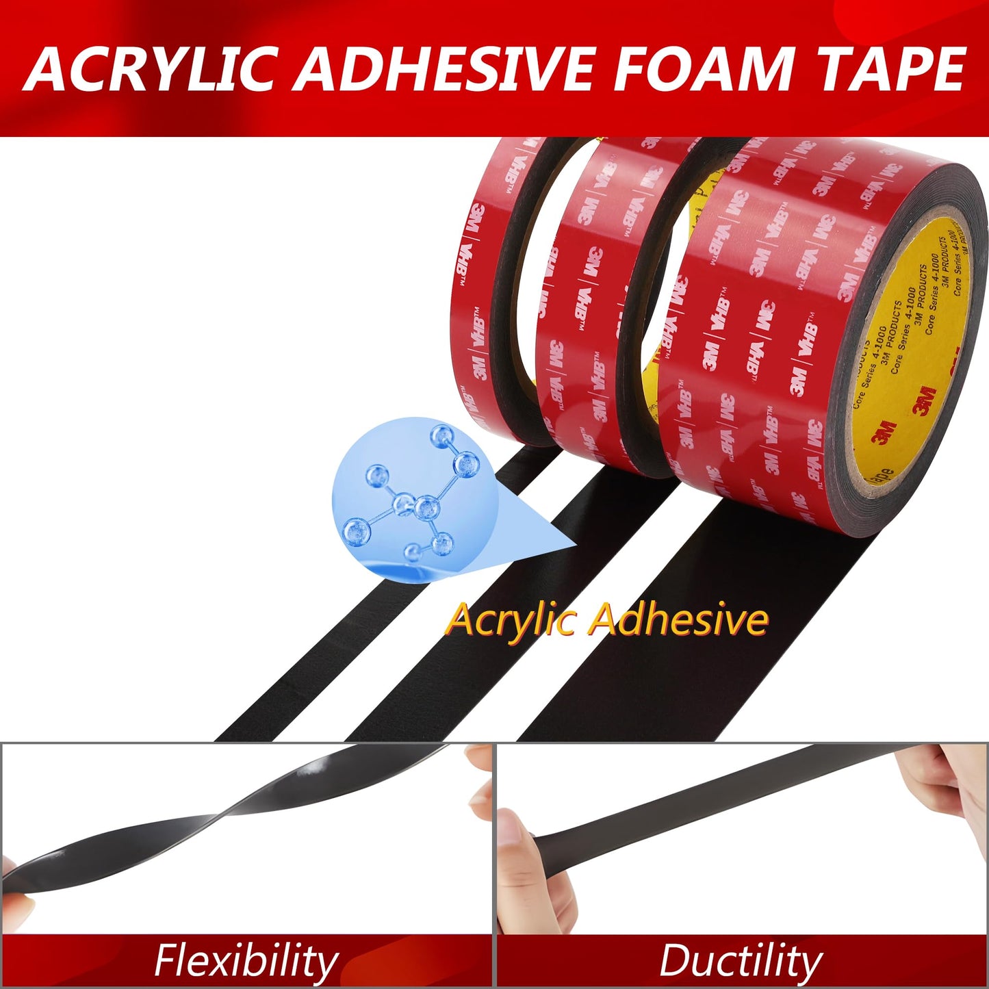 3M Double Sided Tape 0.5”×18ft VHB 5925 Black Mounting Tape Heavy Duty Waterproof Foam Tape Strong Adhesive for RV LED Strip Light Décor